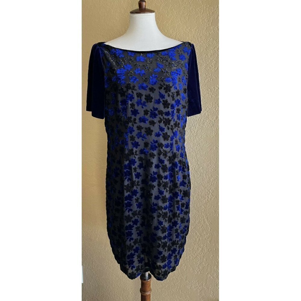 T Tahari Women's Blue Riley Floral Velvet Boat neck Burnout Dress Size L - Picture 2 of 12